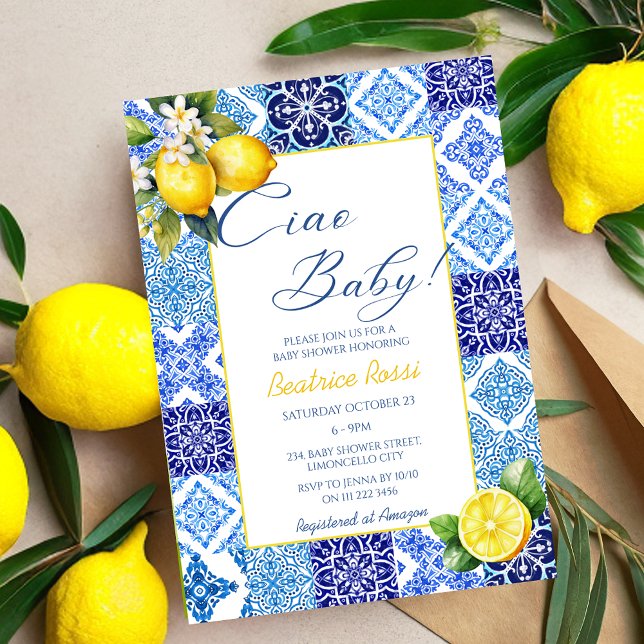 Ciao Baby Lemon Blue Tiles Italian Baby Shower Invitation (Ciao Baby Lemon Blue Tiles Italian Baby Shower Invitations)