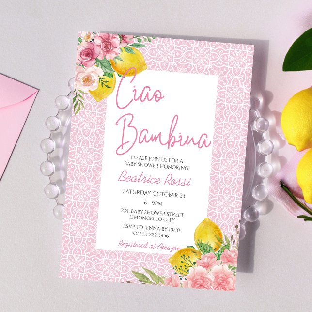 Ciao Baby Lemon Girl Pink Italian Baby Shower Invitation (Ciao Baby Lemon Girl Pink Italian Baby Shower Invitation)
