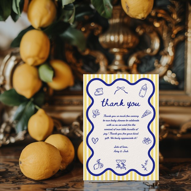 Ciao Baby Lemon Italian Hand Drawn Baby Shower Thank You Card (Ciao Baby Hand Drawn Thank you card Baby Shower Aesthetic Gender Neutral Blue & Yellow Italy)