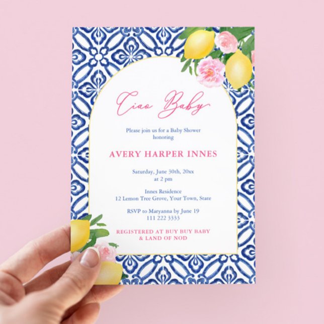 Ciao Baby Lemons Pink Cobalt Blue Girl Baby Shower Invitation (Ciao baby! Italian inspired baby shower invite for girl with lemons, pink flowers and blue tiles)
