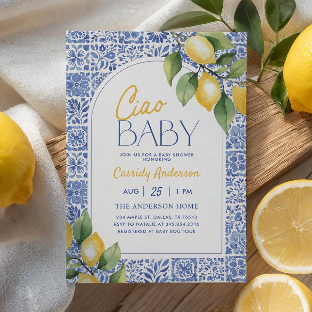 Ciao Baby Mediterranean Tiles Lemon Baby Shower Invitation (Creator Uploaded)