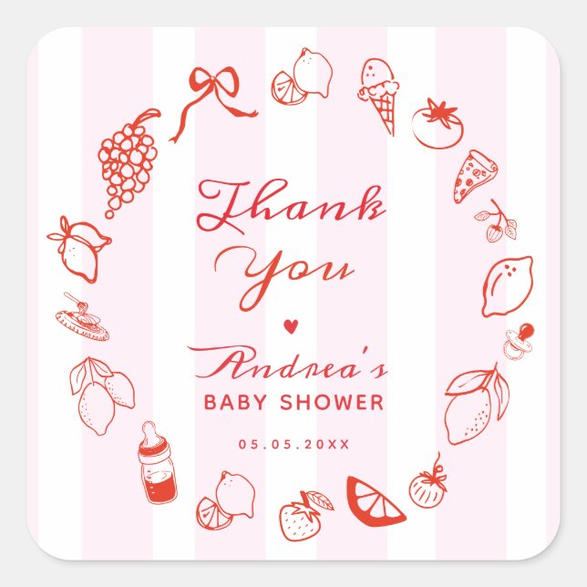 Ciao Baby Pink &Red Hand Drawn Italian Baby Shower Square Sticker (Front)