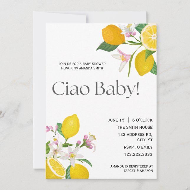 "Ciao Baby" Pretty Italian Lemons and Flowers Invitation (Front)