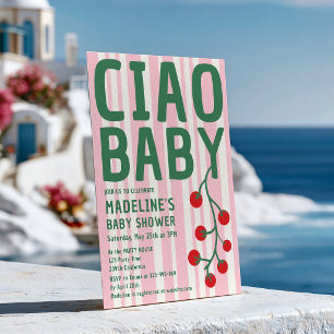 Ciao Baby Shower Italian Retro Pink Stripe Green Invitation