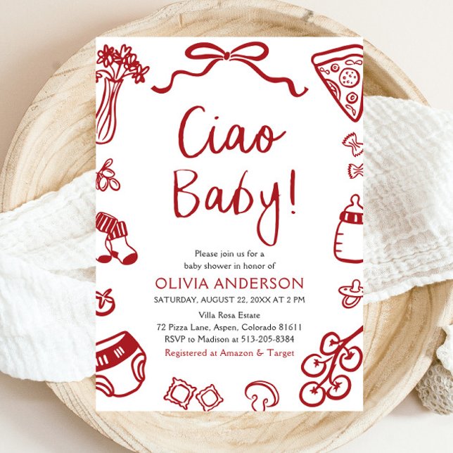 Ciao Baby Whimsical Italian Pizza Cute Baby Shower Invitation (Watercolor Ciao Baby Whimsical Italian Pizza Cute Baby Shower Invitation)