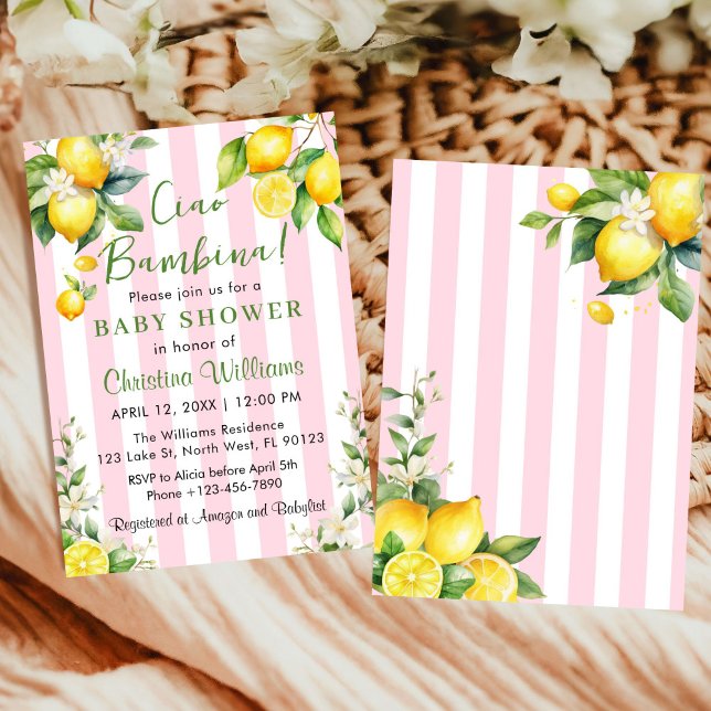 Ciao Bambina Baby Shower Pink Citrus Invitation (Ciao Bambina Baby Shower Pink citrus lemons Invitation)