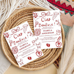 Ciao Bambina Girl Hand drawn Pizza  Baby Shower Invitation