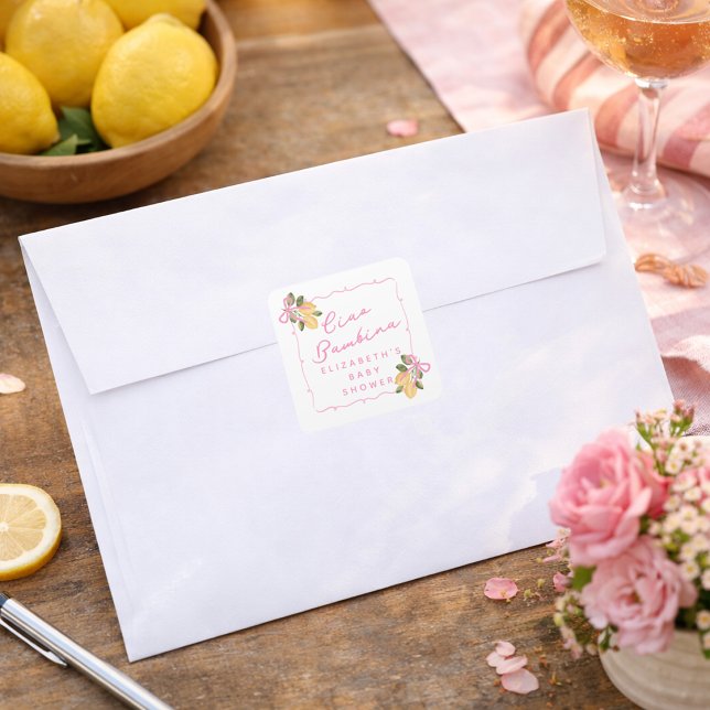 Ciao Bambina Pink Ribbon Yellow Lemon Baby Shower Square Sticker (Ciao Bambina Pink Ribbon Yellow Lemon Baby Shower Square Sticker)