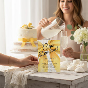 Ciao Bambina Watercolor Yellow Bow Baby Shower Invitation