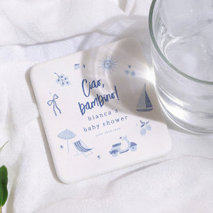 Ciao Bambino Italian Blue Boy Baby Shower Square Paper Coaster