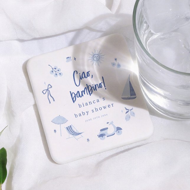 Ciao Bambino Italian Blue Boy Baby Shower Square Paper Coaster (Creator Uploaded)
