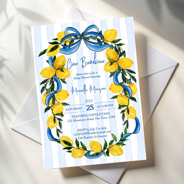 Ciao bambino lemons blue bow Italian baby shower Invitation (Ciao bambino lemons blue bow stripped Italian baby shower Invitation cards template)