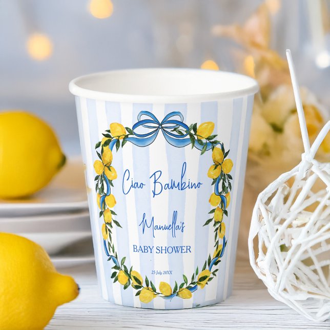 Ciao bambino lemons Italian baby shower custom Paper Cups (Ciao bambino lemons blue stripes with bow Italian baby shower personalized Paper Cups)