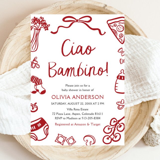 Ciao Bambino Whimsical Italian Pizza Baby Shower Invitation (Watercolor Ciao Bambino Whimsical Italian Pizza Baby Shower Invitation)