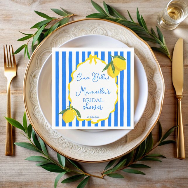 Ciao bella blue stripes lemons bridal shower napkin (Ciao bella blue stripes wavy border lemons Italian bridal shower monogrammed printed napkins)