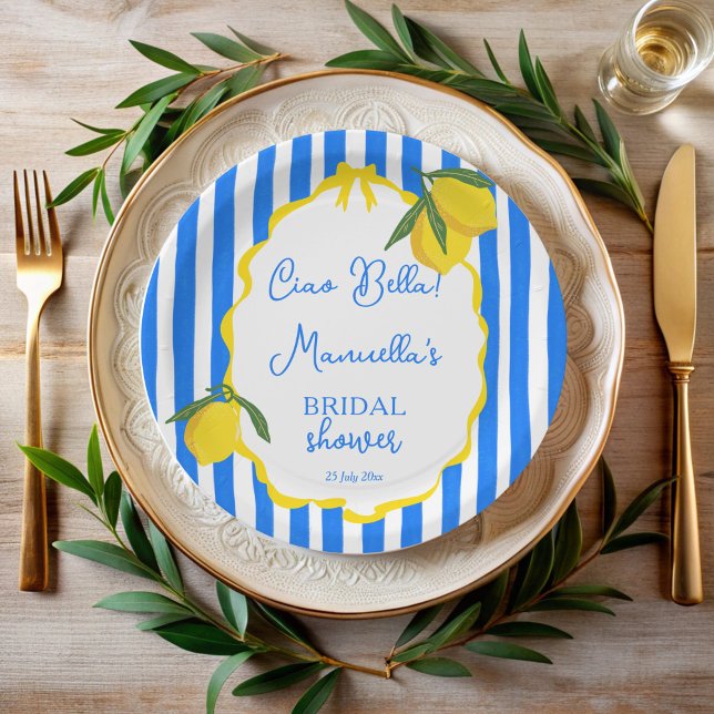 Ciao bella blue stripes lemons bridal shower paper plate (Ciao bella blue stripes lemons wavy border dolce vita Italian bridal shower monogrammed paper plates)