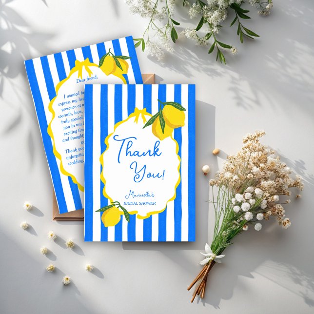 Ciao bella blue stripes lemons bridal shower thank you card (Ciao bella blue stripes lemons wavy border Italian bridal shower thank you cards)