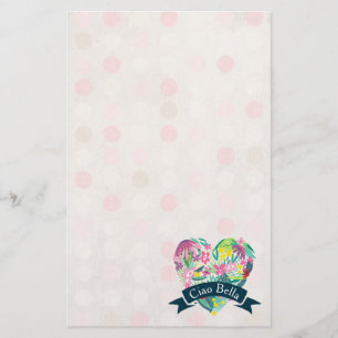 Ciao Bella Cute Floral Heart on Pink Circles Stationery