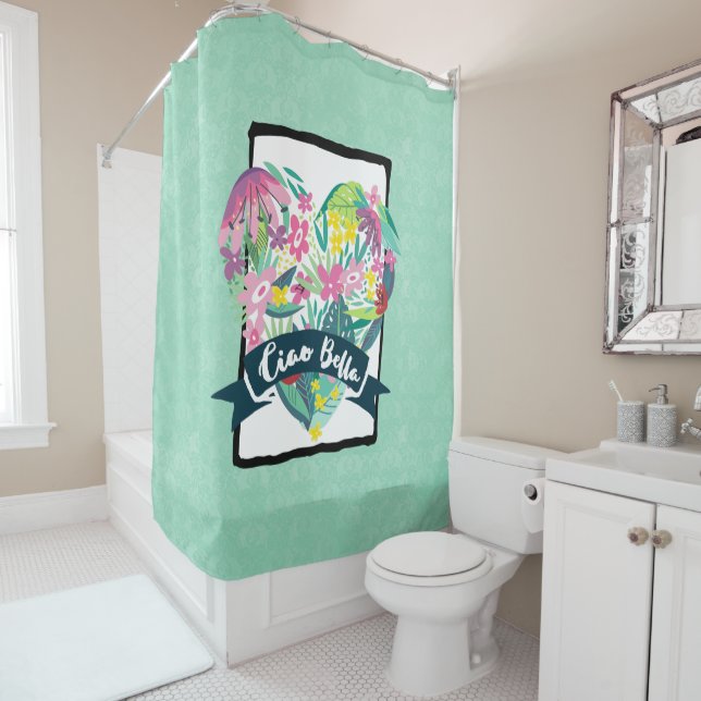 Ciao Bella Cute Floral Heart with Tropical Flowers Shower Curtain (In Situ)