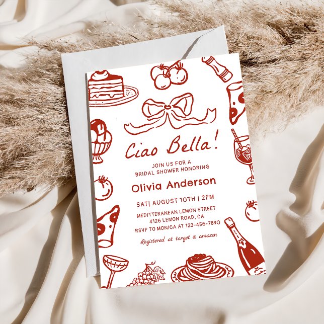 Ciao Bella Hand Drawn Italian Pizza Bridal Shower Invitation (Creator Uploaded)