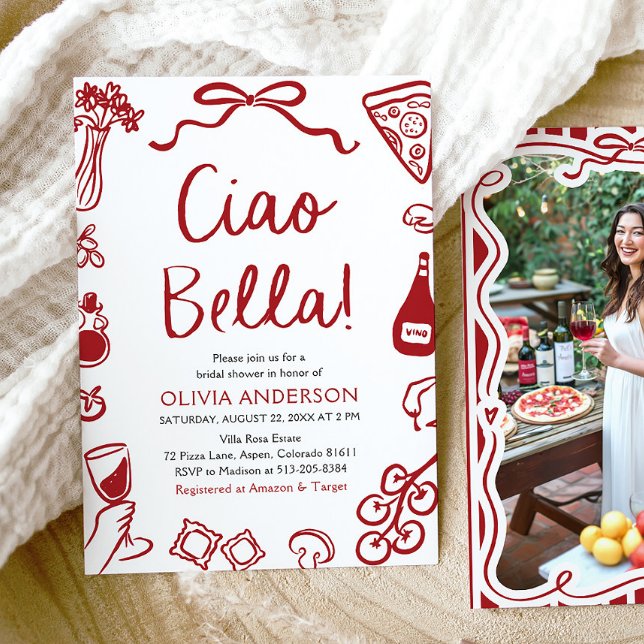 Ciao Bella Hand Drawn Italian Pizza Bridal Shower Invitation (Red Italian Ciao Bella Whimsical Hand Drawn Pizza Pasta Wine Bridal Shower Invitation)
