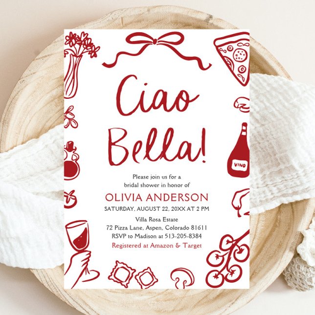 Ciao Bella Hand Drawn Italian Pizza Bridal Shower Invitation (Red Italian Ciao Bella Whimsical Hand Drawn Pizza Pasta Wine Bridal Shower Invitation)