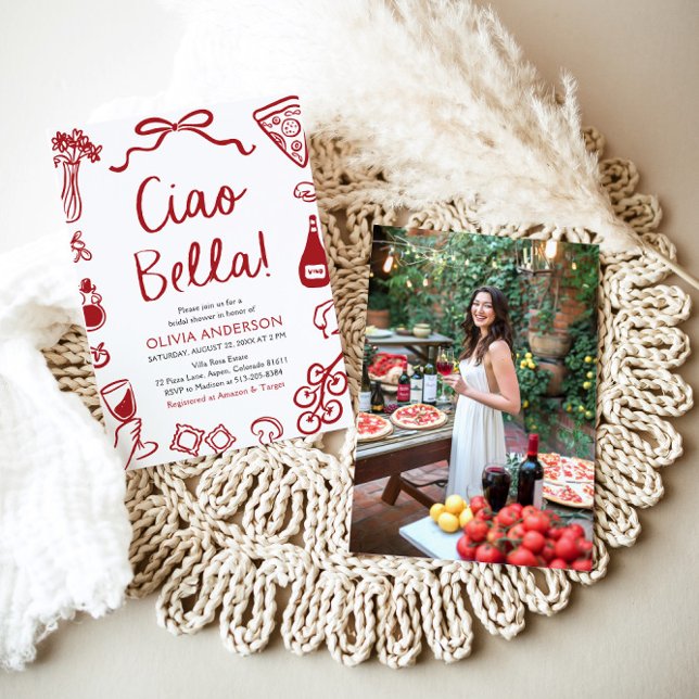 Ciao Bella Hand Drawn Italian Pizza Bridal Shower Invitation (Red Italian Ciao Bella Whimsical Hand Drawn Pizza Pasta Wine Bridal Shower Invitation)