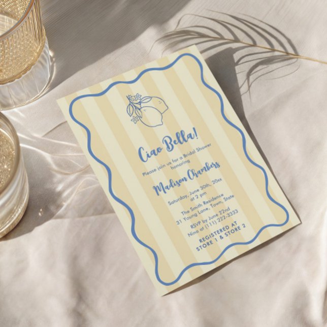 Ciao Bella Handwritten Yellow Blue Bridal Shower Invitation (Ciao to Miss yellow and blue boho wavy border italian theme bridal shower invitation cards)