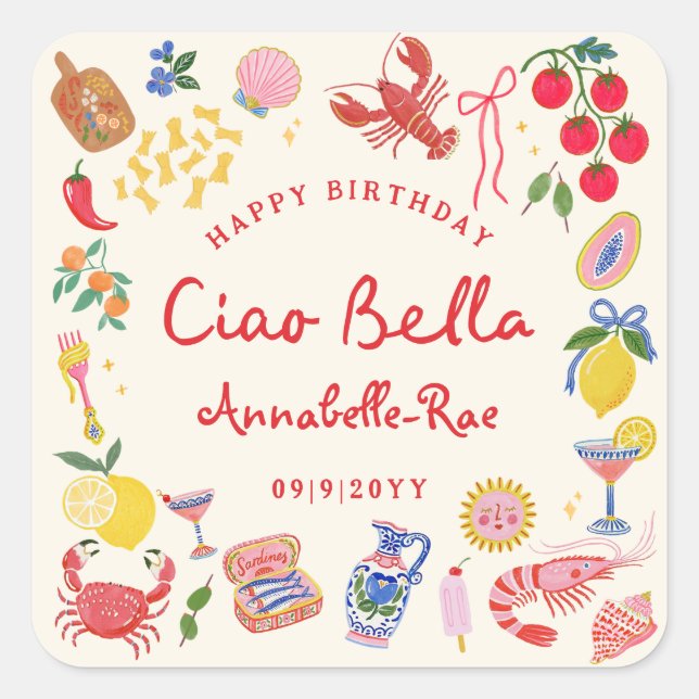 Ciao Bella Italian Birthday Custom Name Square Sticker (Front)