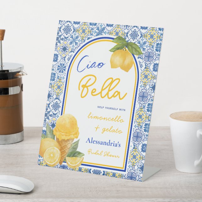Ciao Bella Italian Tile Lemon Gelato Bridal Shower Pedestal Sign (In SItu)