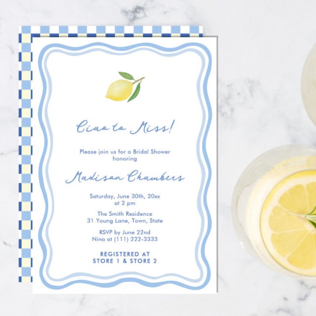 Ciao To Miss Dolce Vita Blue Yellow Bridal Shower Invitation (Ciao to Miss Dolce Vita Italian citrus lemon bridal shower invitation in blue and white)