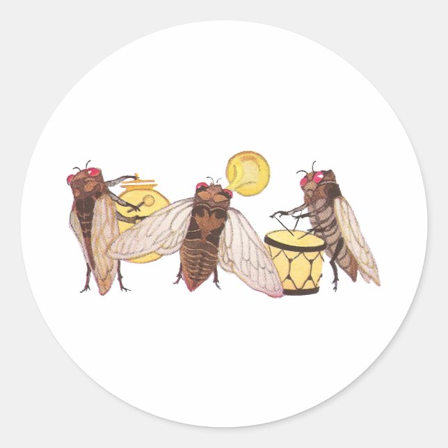 Cicada Band with Gong, Trumpet and Drum Classic Round Sticker (Front)