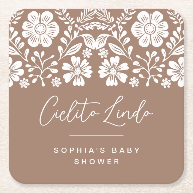 Cielito Lindo Baby Shower Terracotta Invitation Square Paper Coaster (Front)