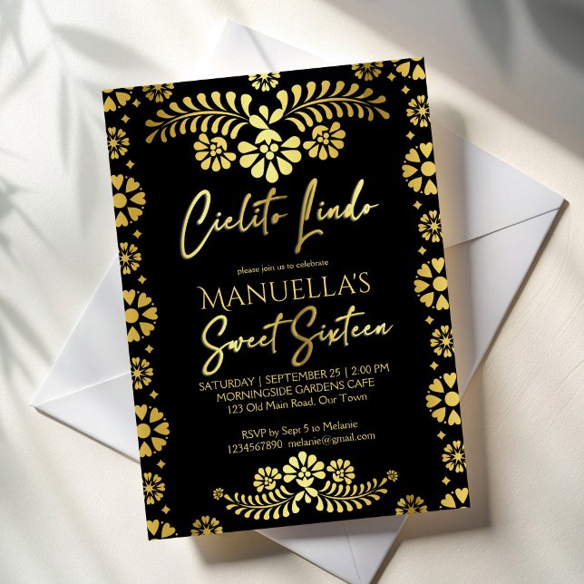 Cielito lindo black gold Mexican sweet 16 birthday Invitation (Cielito lindo black and gold Mexican sweet 16 birthday party Invitation cards template)