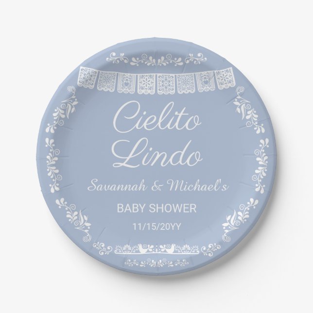 Cielito Lindo Blue Papel Picado Baby Shower Paper Plate (Front)