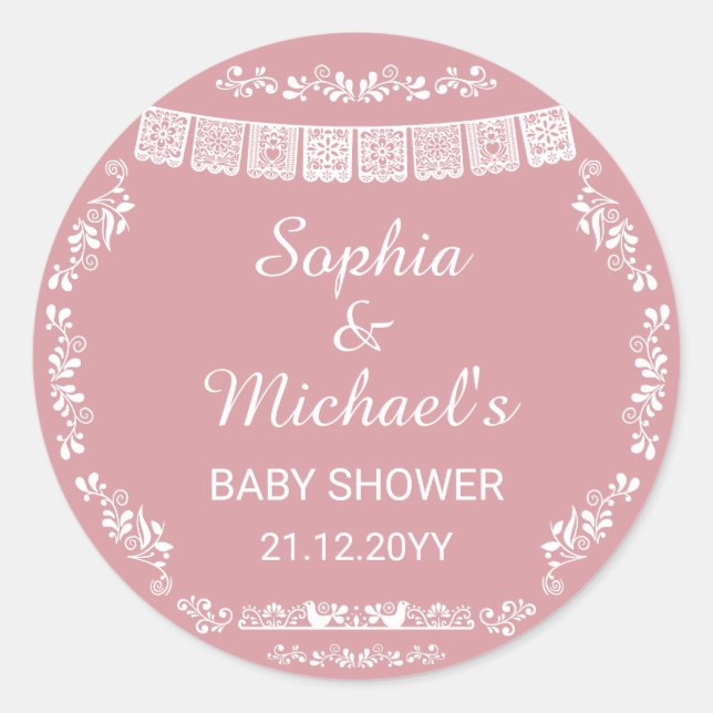 Cielito Lindo Blush Pink Papel Picado Baby Shower Classic Round Sticker (Front)