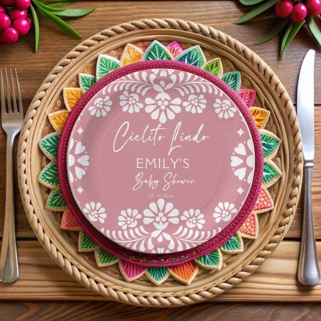 Cielito lindo dusty pink Mexican baby shower Paper Plate (Cielito lindo dusty pink Mexican fiesta papel picado baby shower personalized Paper Plates)