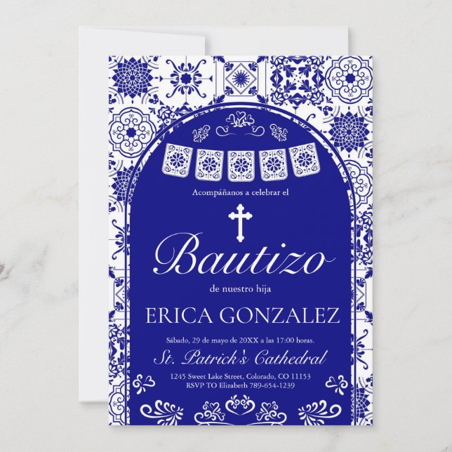 Cielito Lindo Navy Blue Bautizo Talavera Invitation (Front)