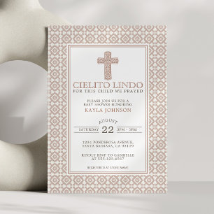Cielito Lindo Neutral Religious Floral Cross Beige Invitation
