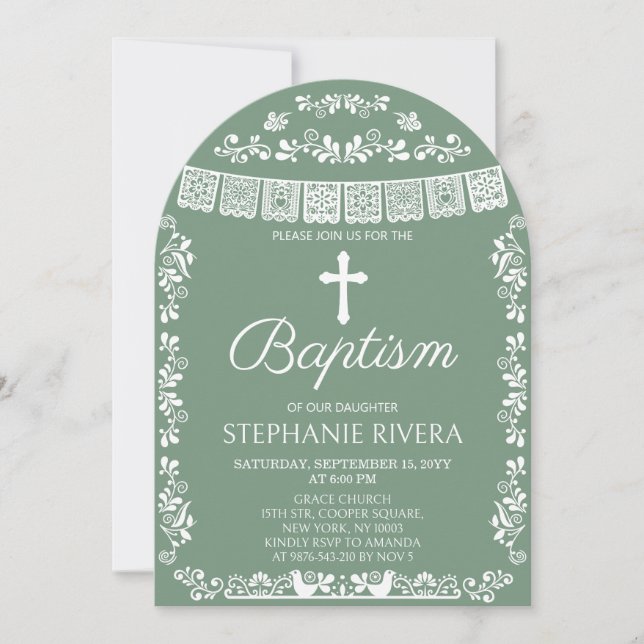 Cielito Lindo Sage Green Baptism Arch Invitation (Front)