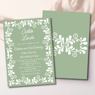 Cielito Lindo Sage Green Baptism & First Birthday Invitation