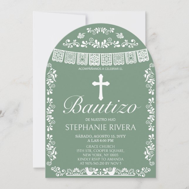 Cielito Lindo Sage Green Bautizo Arch Invitation (Front)