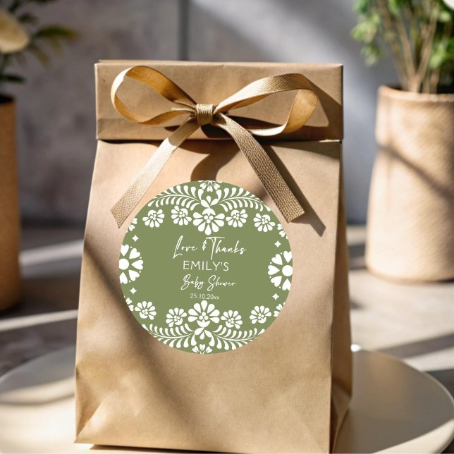 Cielito lindo sage green Mexican baby shower Classic Round Sticker (Cielito lindo sage green Mexican fiesta papel picado baby shower favor Sticker personalized favors)
