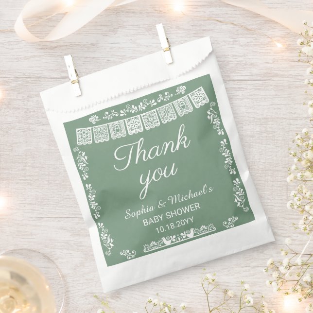 Cielito Lindo Sage Green Papel Picado Baby Shower Favour Bags (Clipped)