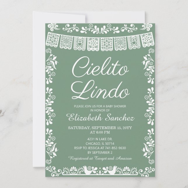 Cielito Lindo Sage Green Papel Picado Baby Shower Invitation (Front)