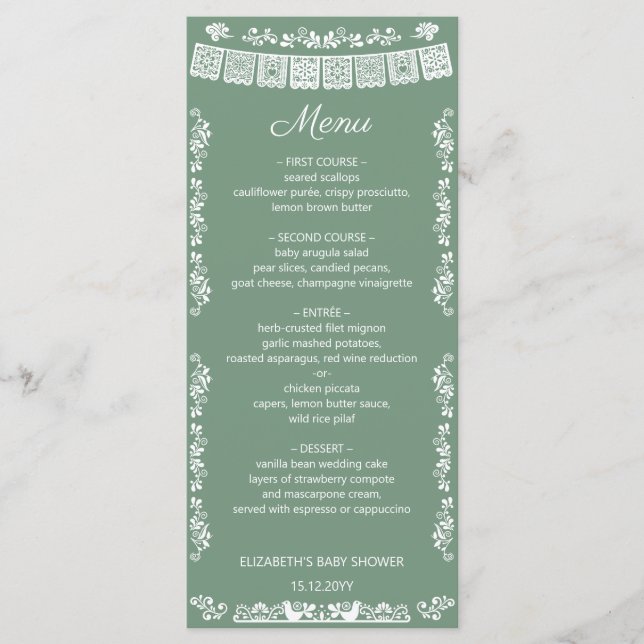 Cielito Lindo Sage Green Papel Picado Baby Shower Menu (Front)
