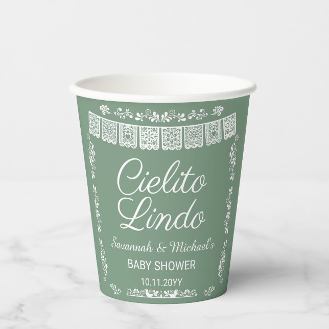 Cielito Lindo Sage Green Papel Picado Baby Shower  Paper Cups (Front)