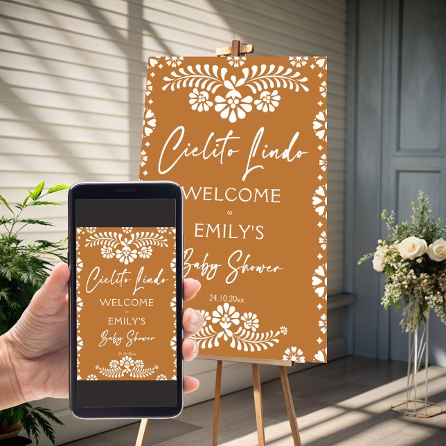 Cielito lindo terracotta baby shower welcome sign (Cielito lindo terracotta Mexican fiesta papel picado baby shower welcome sign poster template)