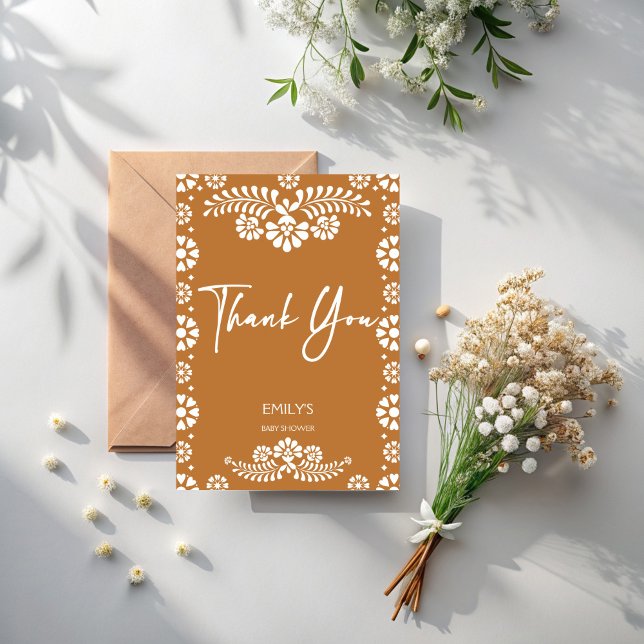 Cielito lindo terracotta Mexican baby shower Thank You Card (Cielito lindo terracotta Mexican  fiesta baby shower Thank You Cards papel picado baby shower)