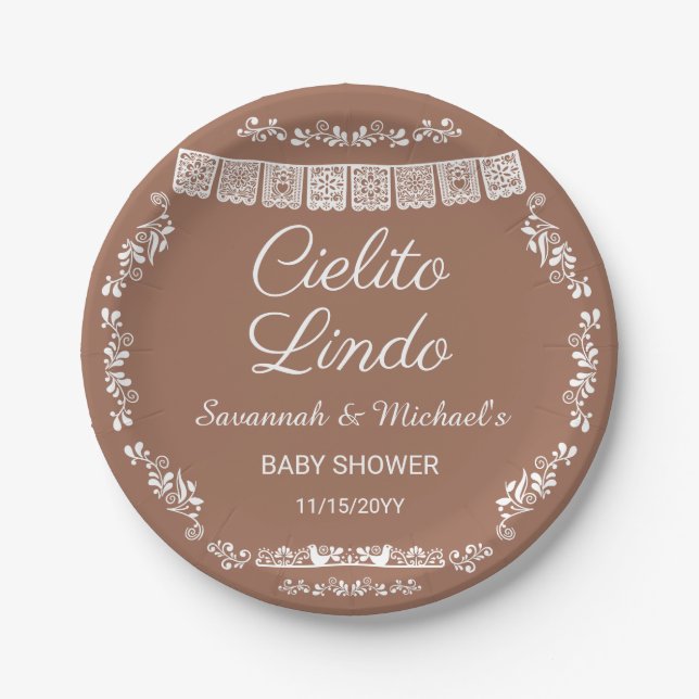 Cielito Lindo Terracotta Papel Picado Baby Shower Paper Plate (Front)